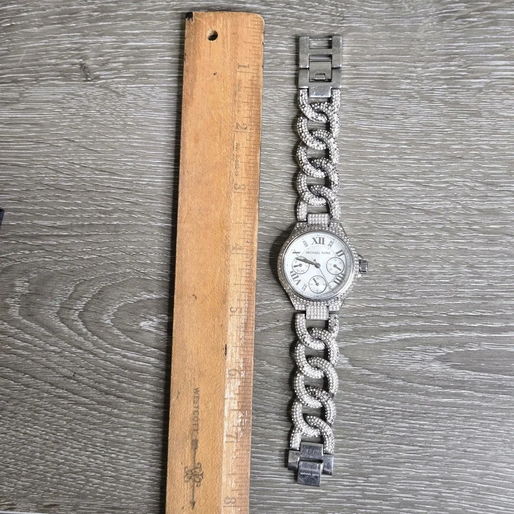 Michael Kors MK3309 Catlin Silver Tone Crystal Pave Chain Link Watch Chronograph